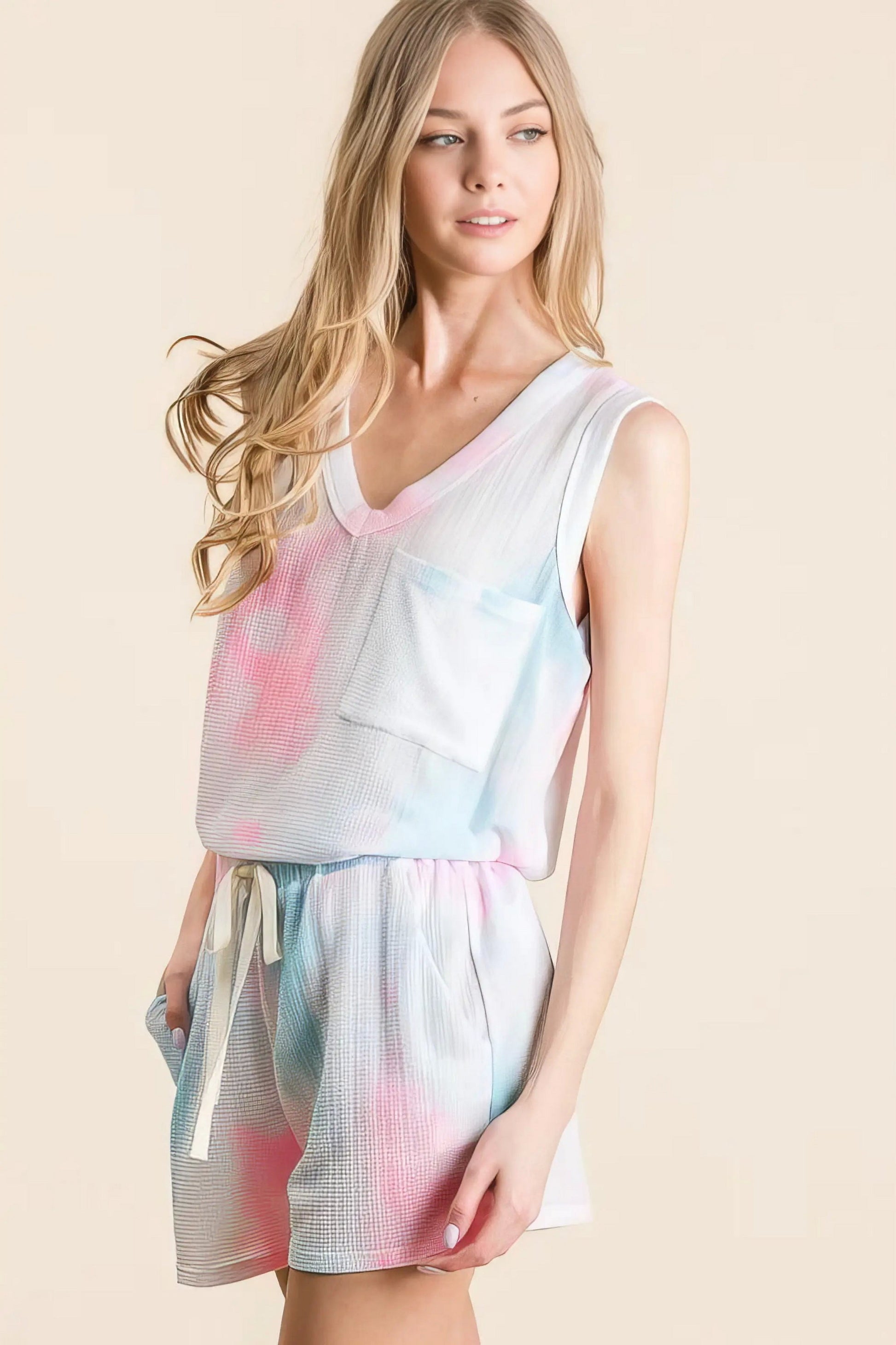 tie dye textured knit top and shorts set, trendy comfortable women's outfit, stylish two-piece set, unique tie dye pattern, soft textured knit fabric, perfect for casual and laid-back occasions