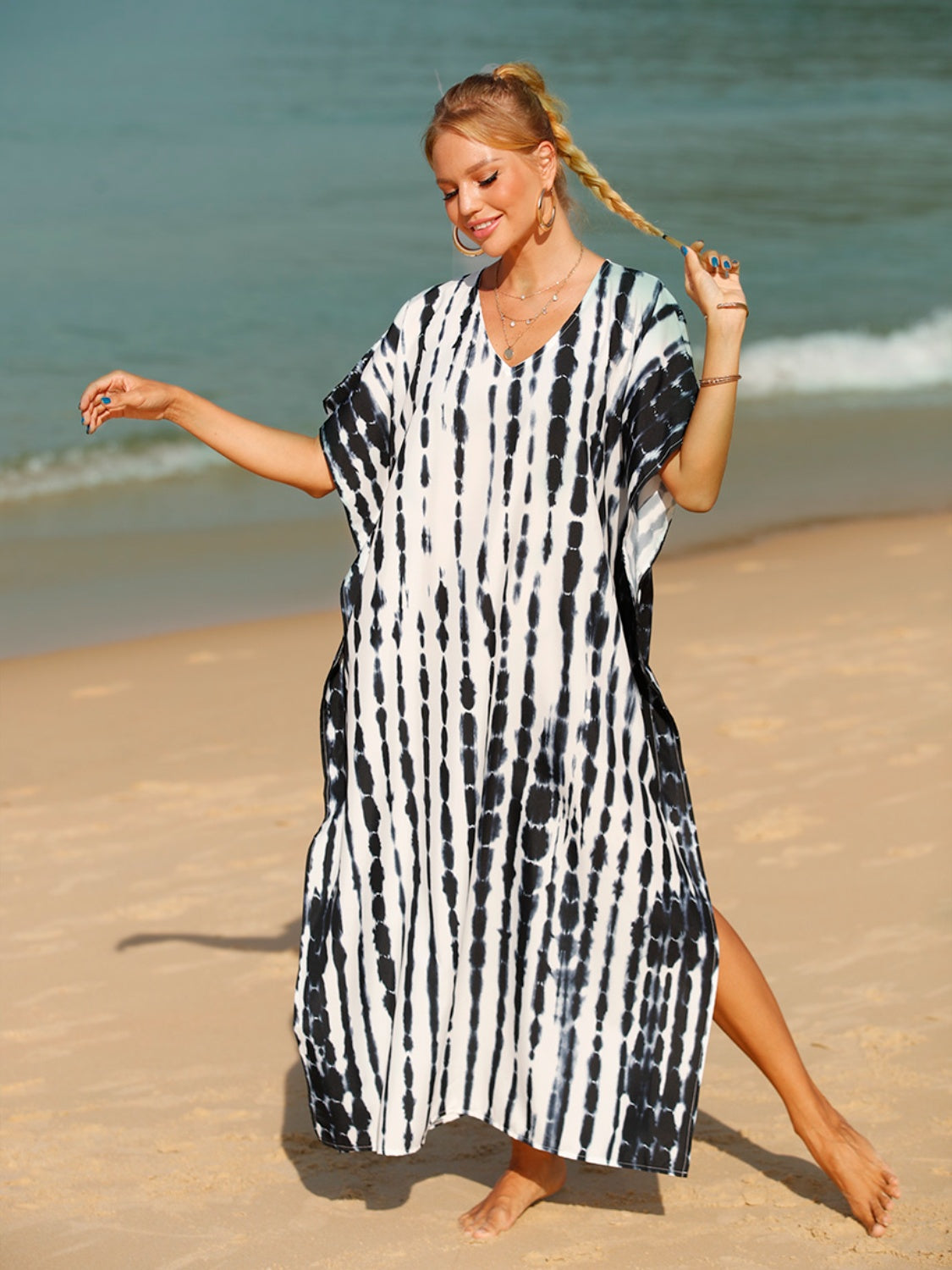 Tie-Dye V-Neck Half Sleeve Cover-Up.