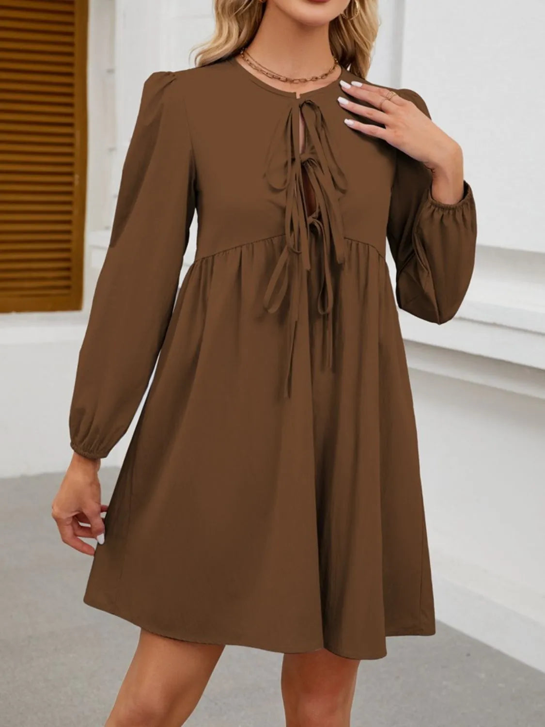 Tie Front Long Sleeve Mini Dress.