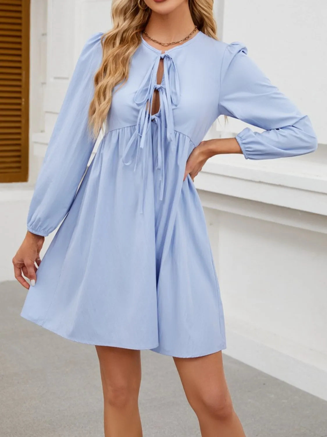 Tie Front Long Sleeve Mini Dress.