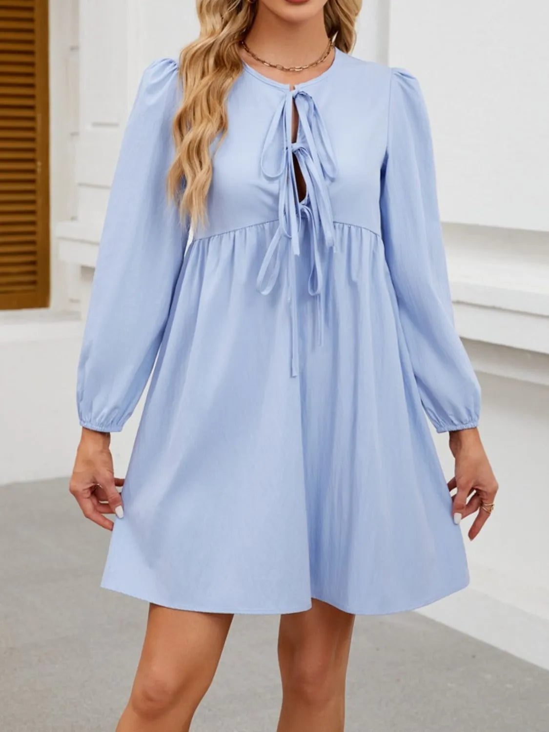 Tie Front Long Sleeve Mini Dress.