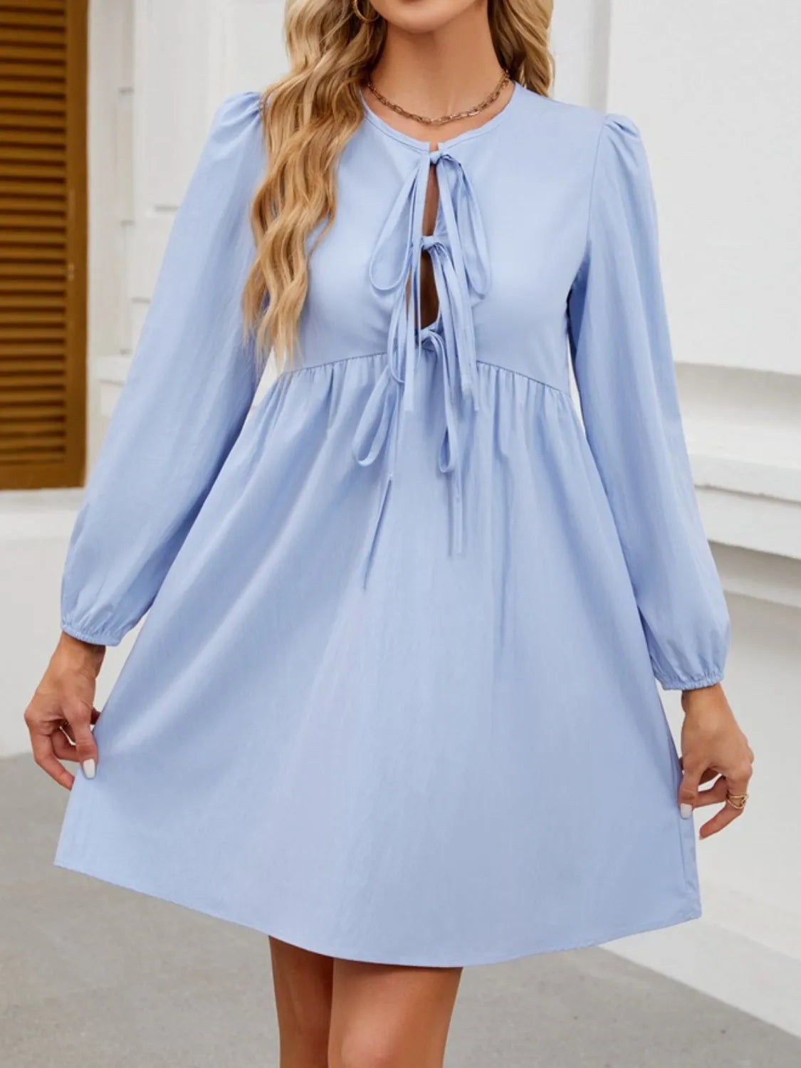 Tie Front Long Sleeve Mini Dress.