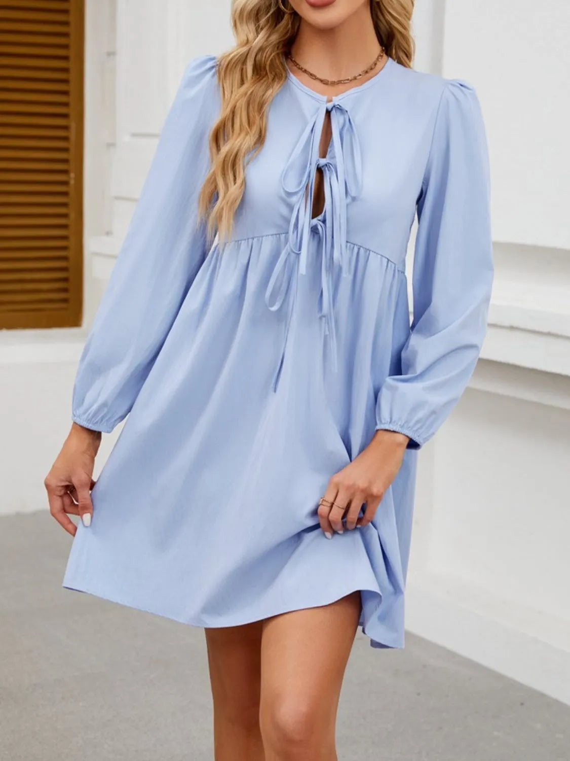 Tie Front Long Sleeve Mini Dress.