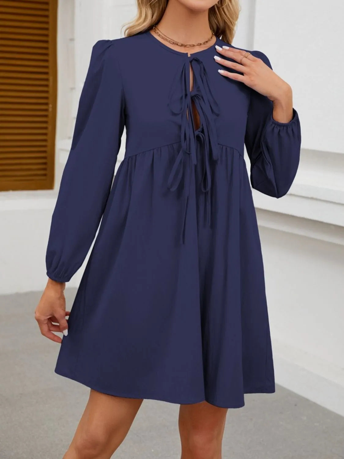 Tie Front Long Sleeve Mini Dress.
