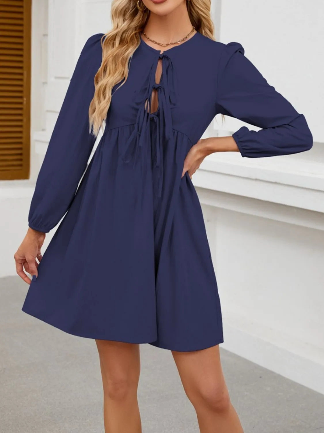 Tie Front Long Sleeve Mini Dress.