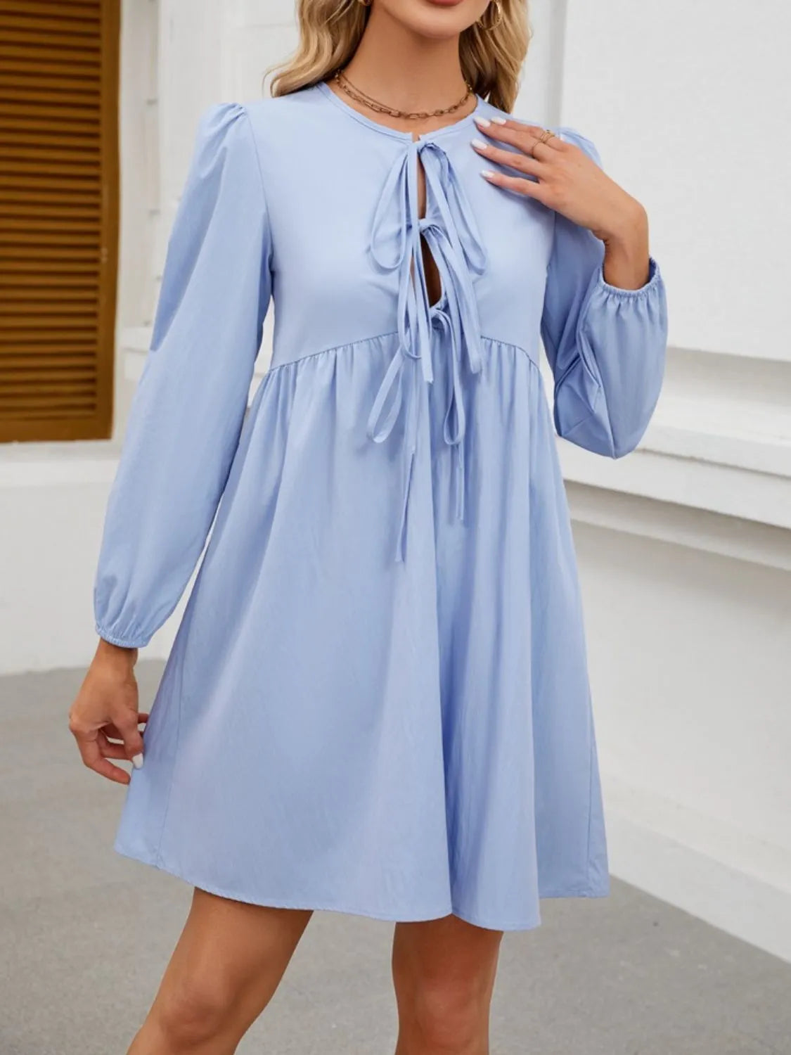 Tie Front Long Sleeve Mini Dress.