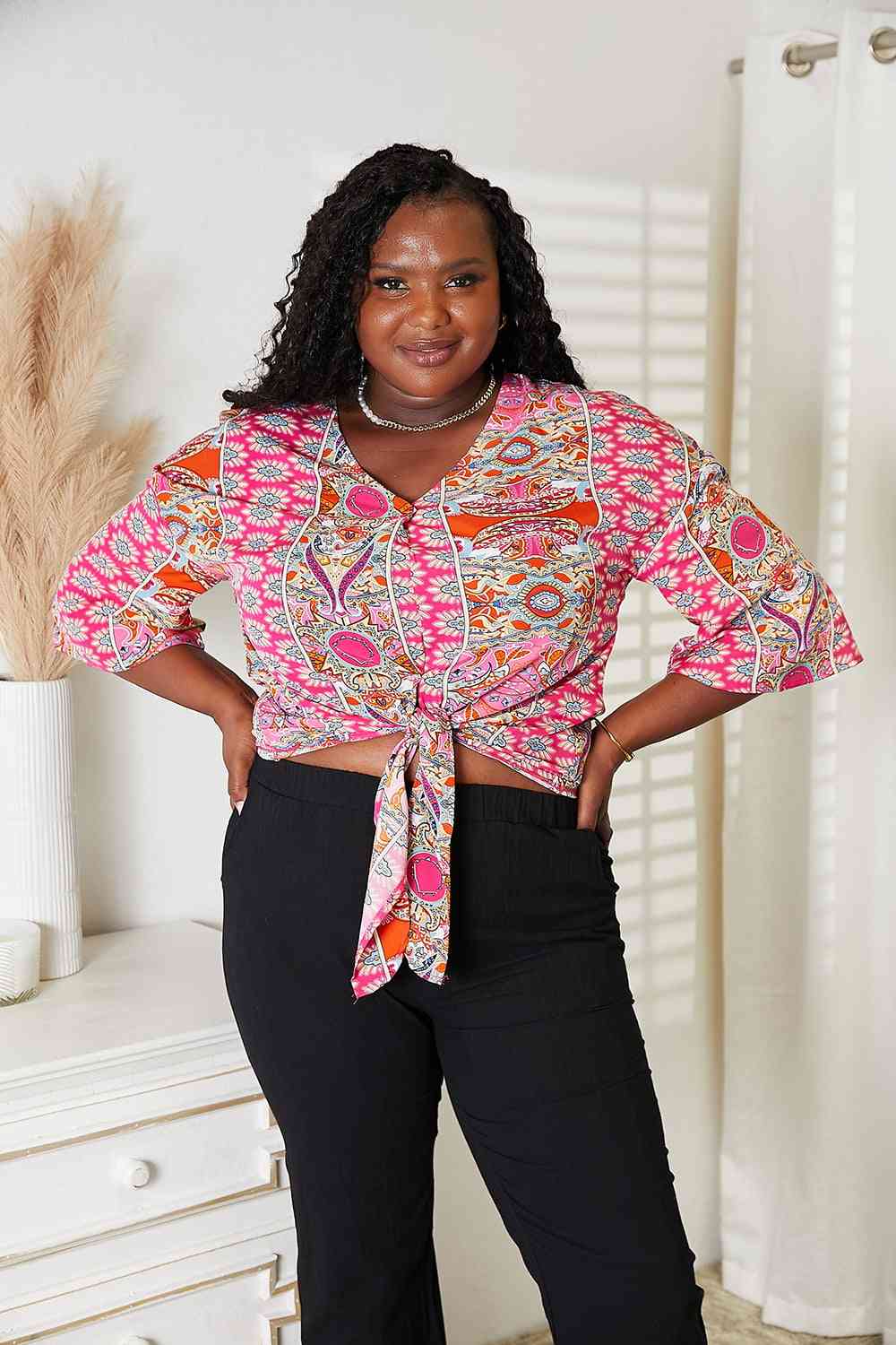 Tie Hem V-Neck Three-Quarter Sleeve Blouse.