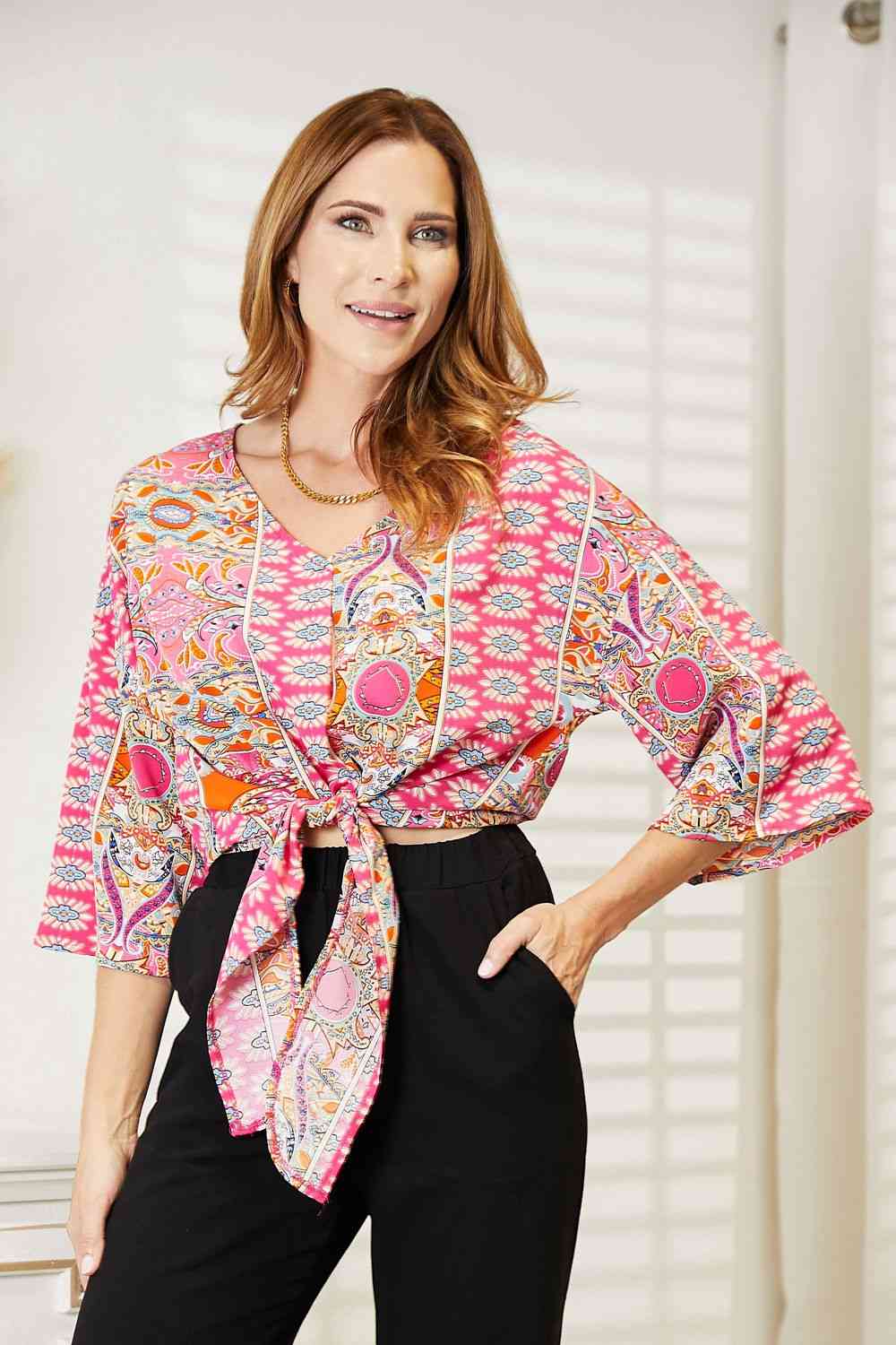 Tie Hem V-Neck Three-Quarter Sleeve Blouse.