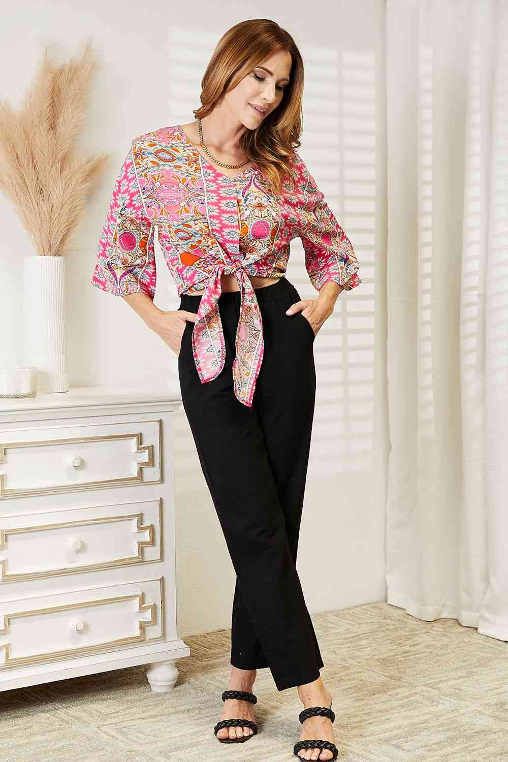 Tie Hem V-Neck Three-Quarter Sleeve Blouse.