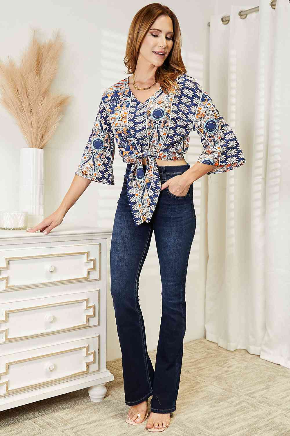 Tie Hem V-Neck Three-Quarter Sleeve Blouse.