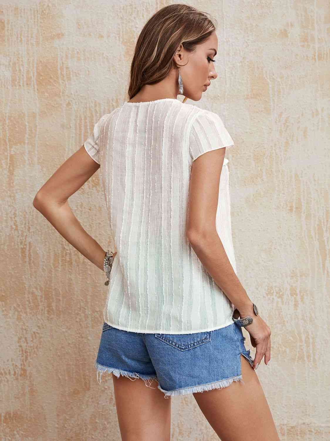 Honey Tie Neck Ruffled Short Sleeve Blouse.