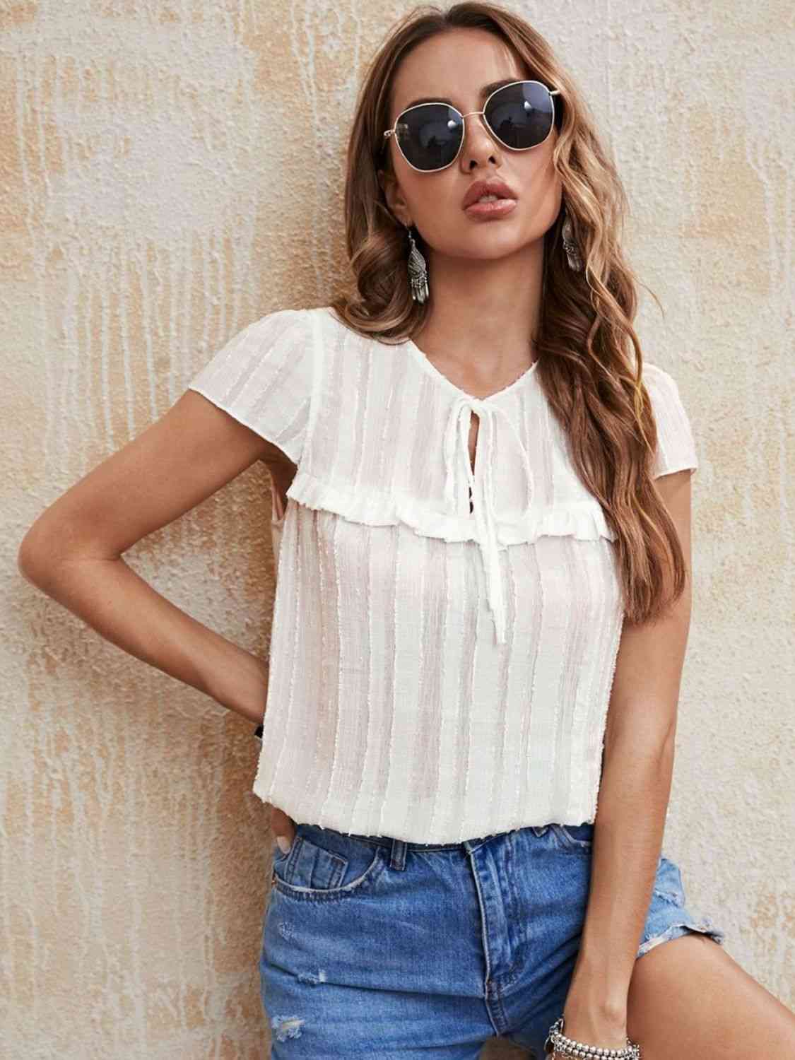 Honey Tie Neck Ruffled Short Sleeve Blouse.