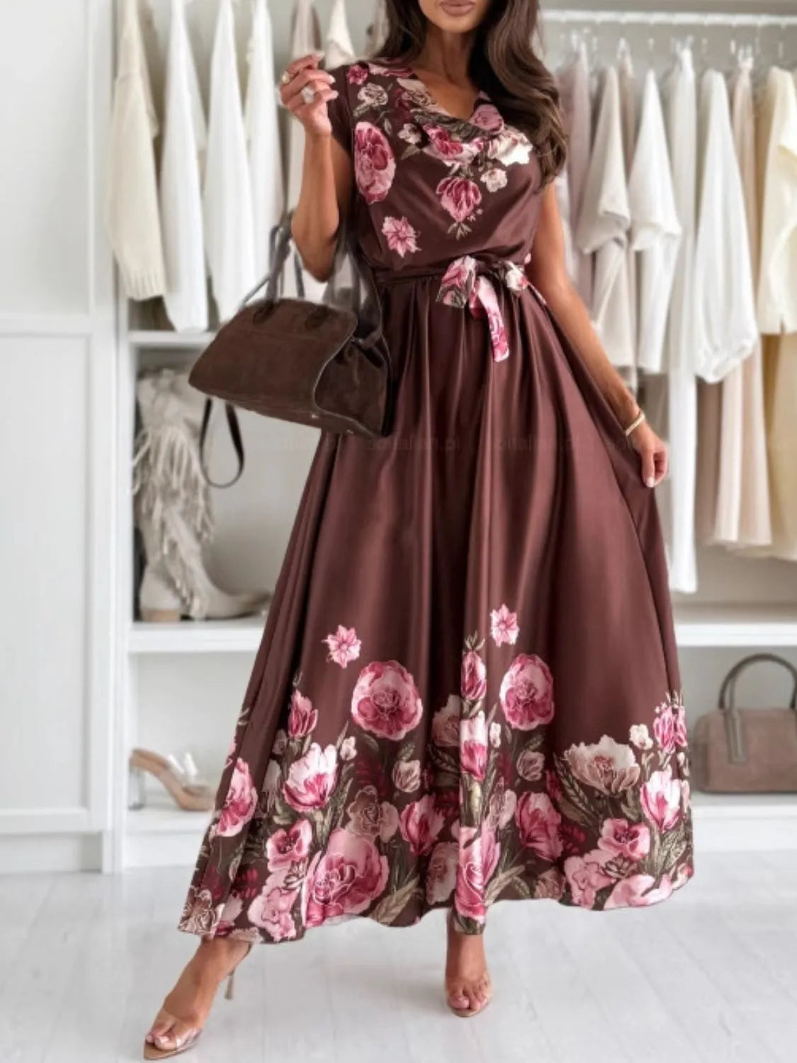 Tie Waist Floral Cap Sleeve Dress.