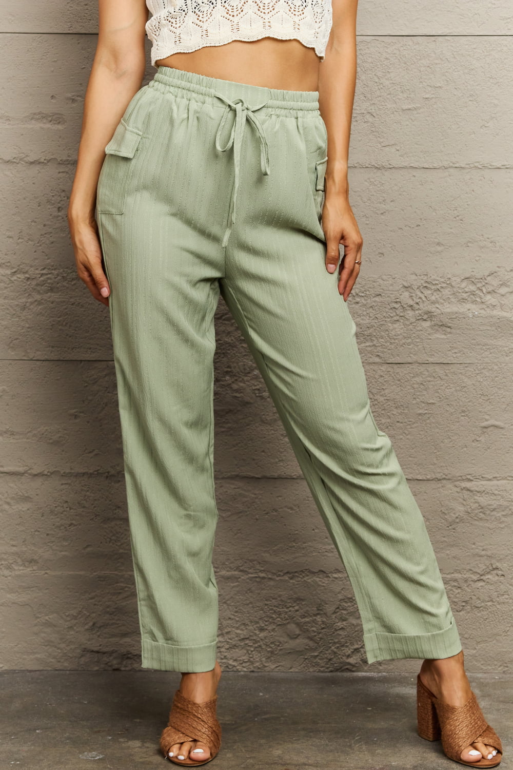 Tie waist long pants, casual style.