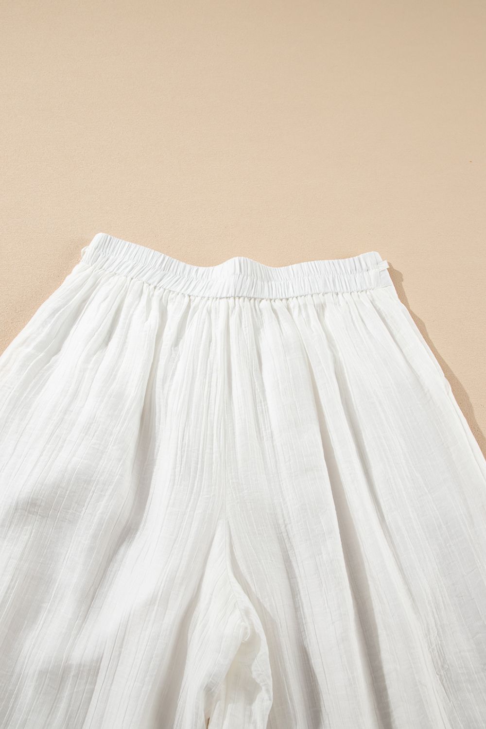 Tie waist pleated wide leg pants, opaque.