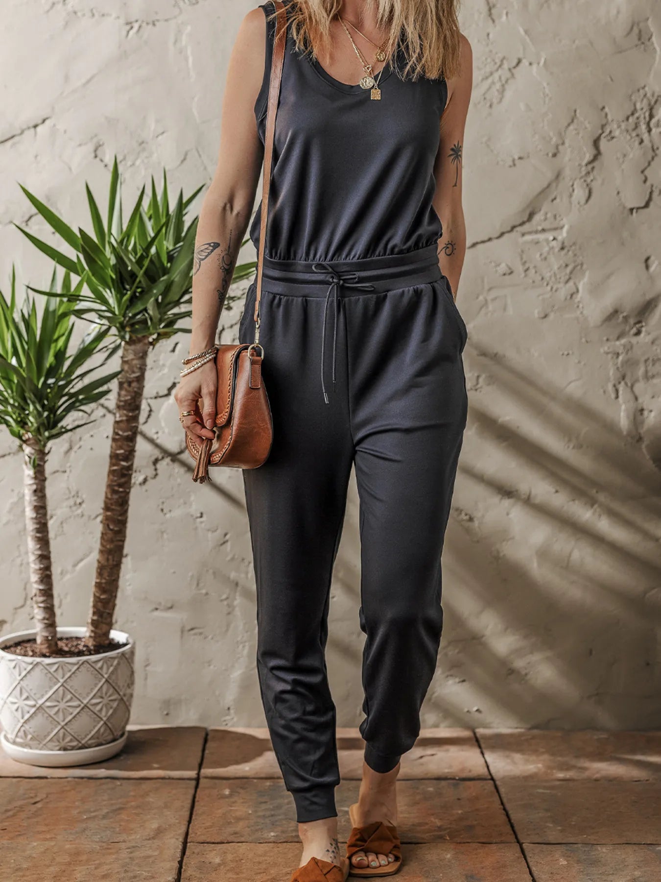 Tie Waist Sleeveless Jogger Jumpsuit