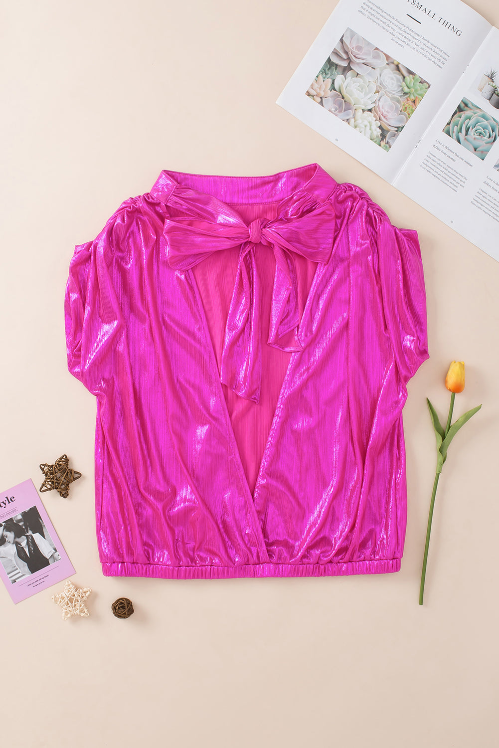 Tied Backless Round Neck Cap Sleeve Blouse.
