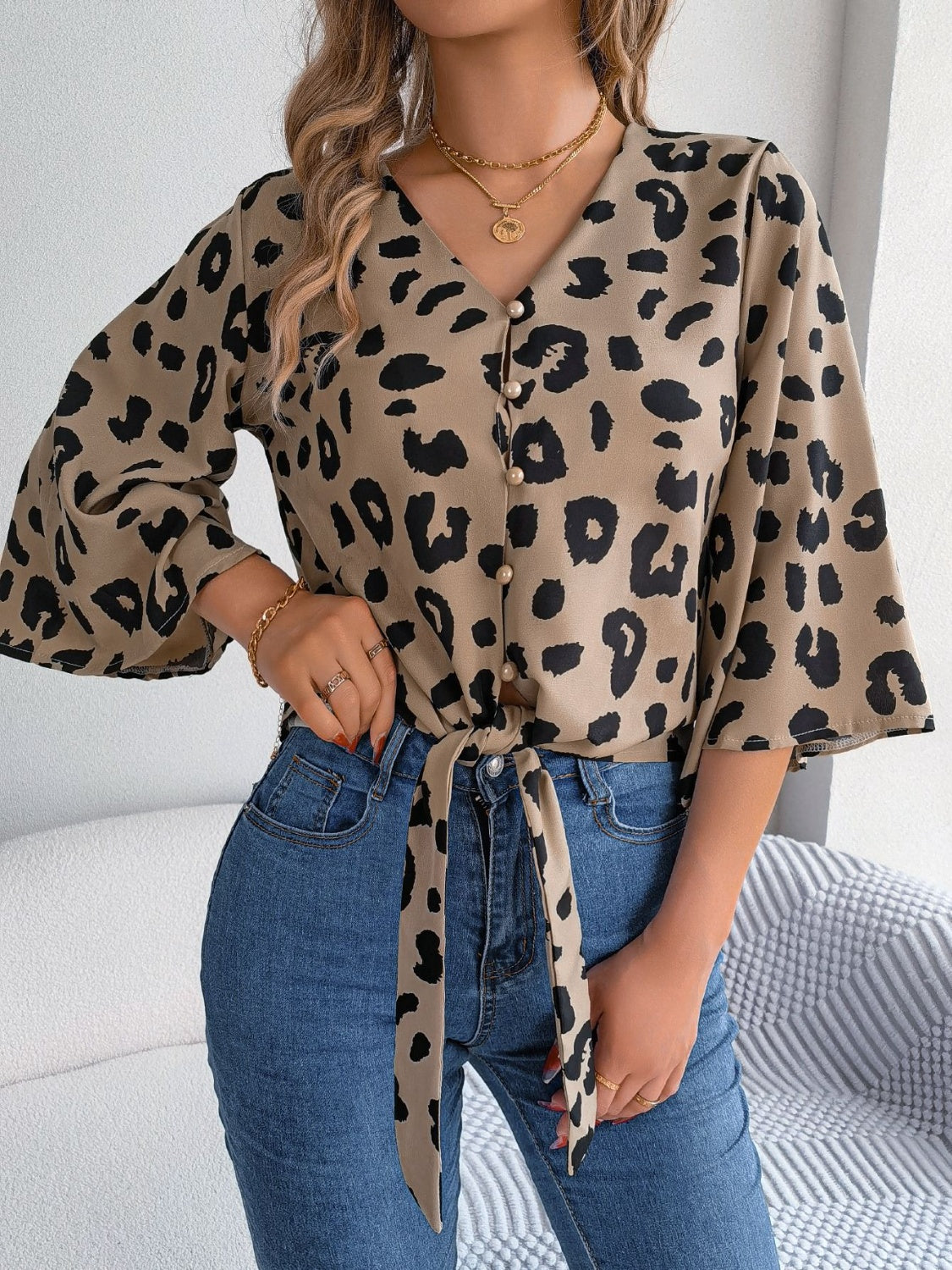 Tied Button Up Leopard V-Neck Blouse.