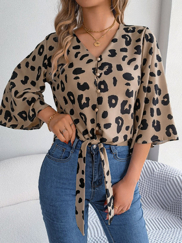 Tied Button Up Leopard V-Neck Blouse.