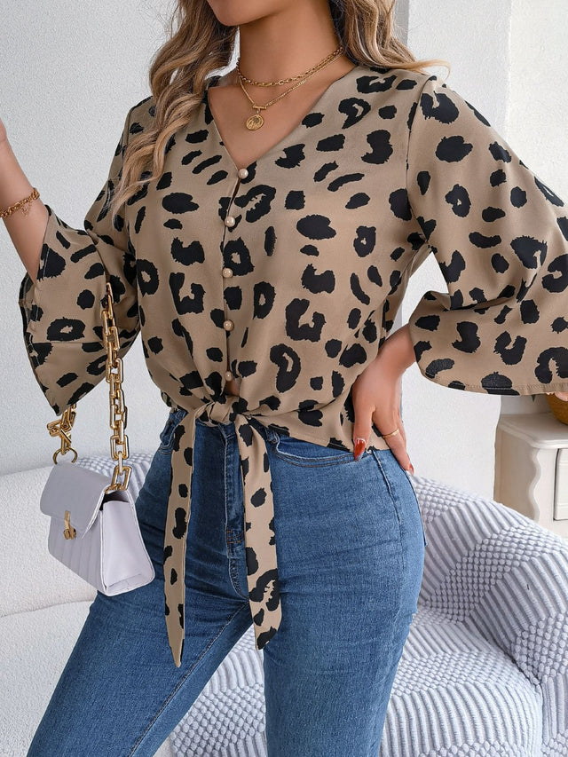 Tied Button Up Leopard V-Neck Blouse.