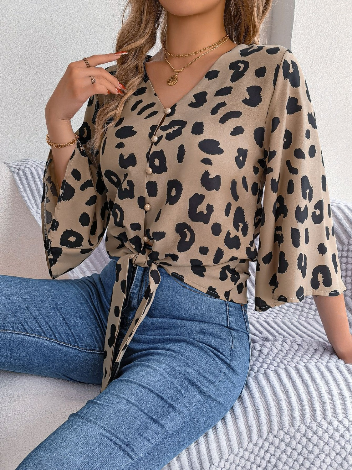 Tied Button Up Leopard V-Neck Blouse.