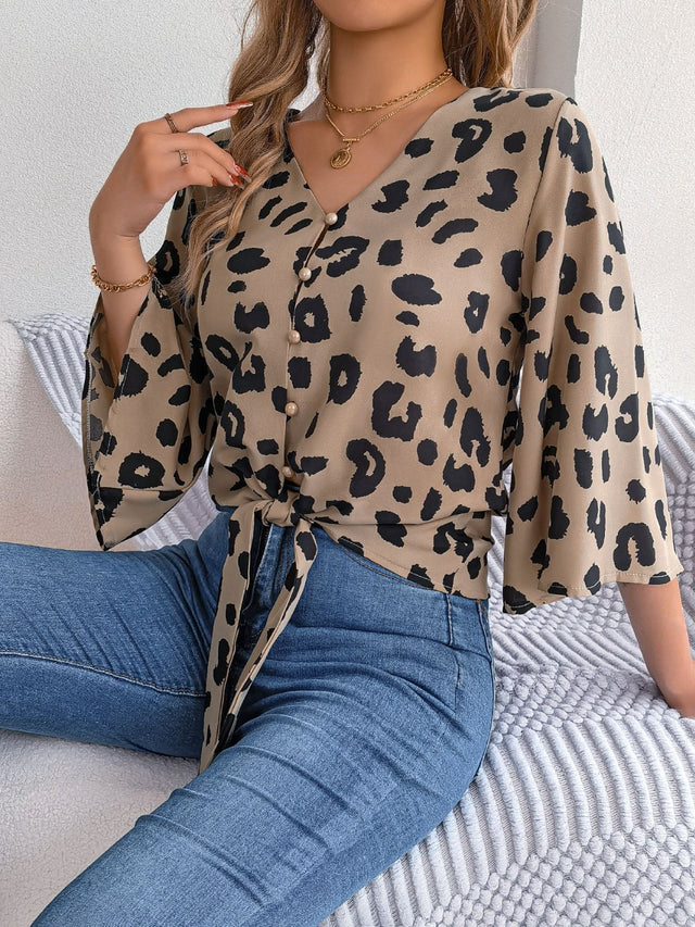 Tied Button Up Leopard V-Neck Blouse.
