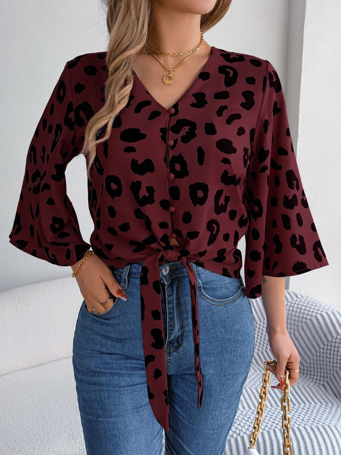Tied Button Up Leopard V-Neck Blouse.