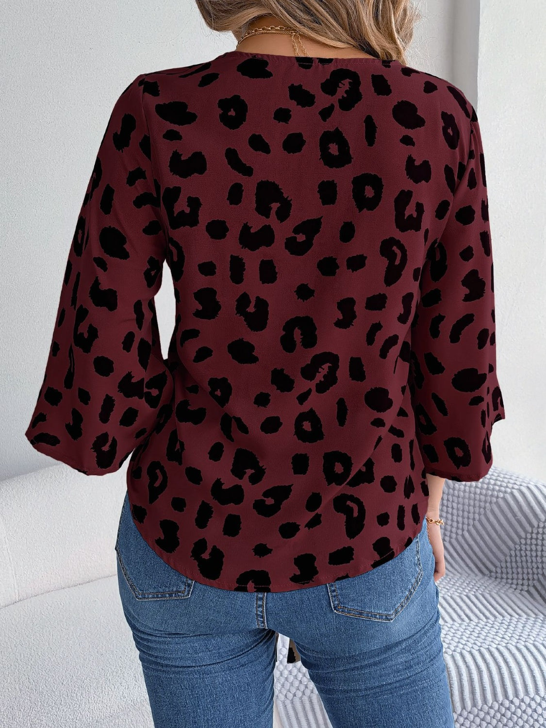 Tied Button Up Leopard V-Neck Blouse.