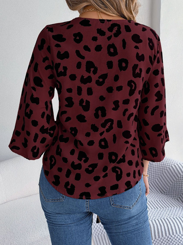 Tied Button Up Leopard V-Neck Blouse.