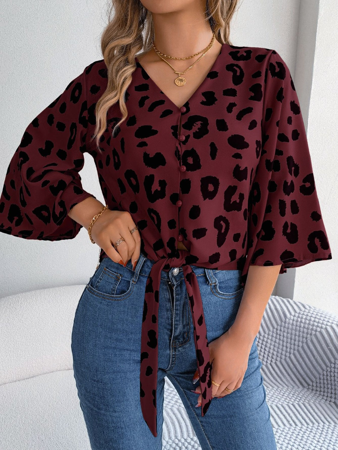 Tied Button Up Leopard V-Neck Blouse.