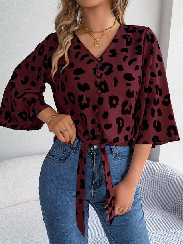 Tied Button Up Leopard V-Neck Blouse.