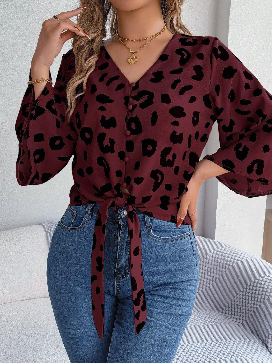 Tied Button Up Leopard V-Neck Blouse.
