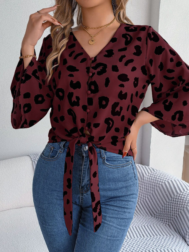 Tied Button Up Leopard V-Neck Blouse.
