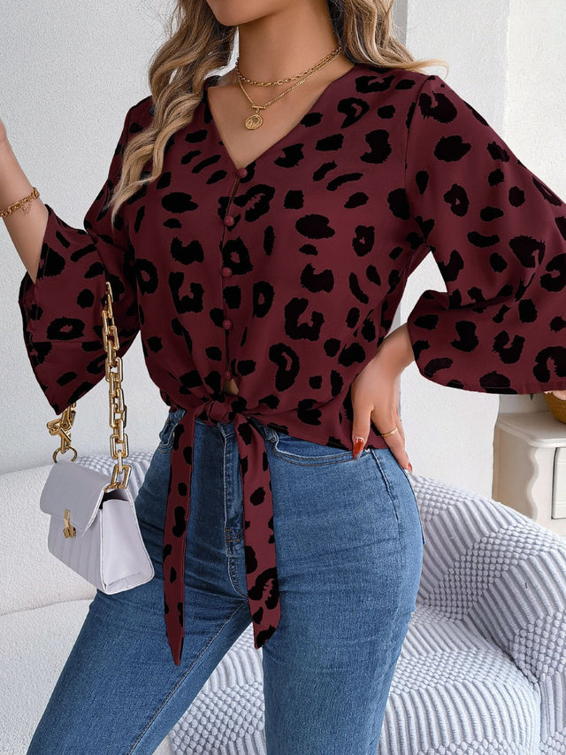 Tied Button Up Leopard V-Neck Blouse.