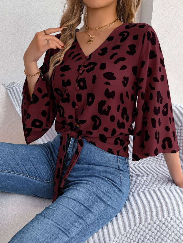 Tied Button Up Leopard V-Neck Blouse.