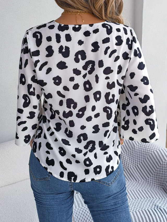 Tied Button Up Leopard V-Neck Blouse.