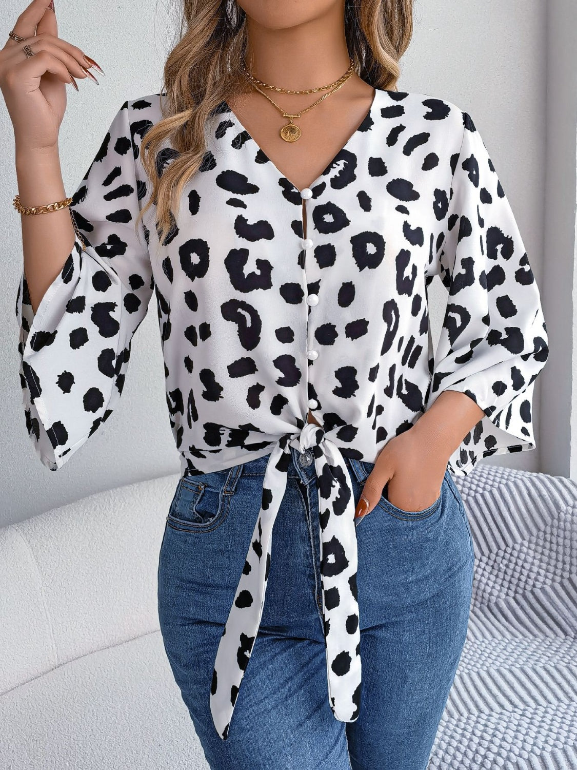 Tied Button Up Leopard V-Neck Blouse.
