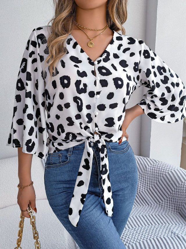 Tied Button Up Leopard V-Neck Blouse.