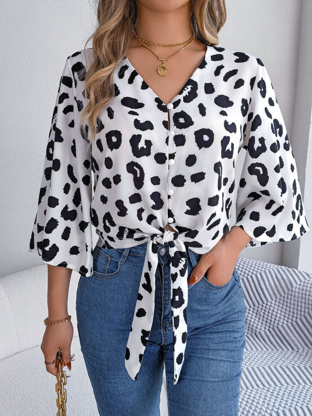 Tied Button Up Leopard V-Neck Blouse.