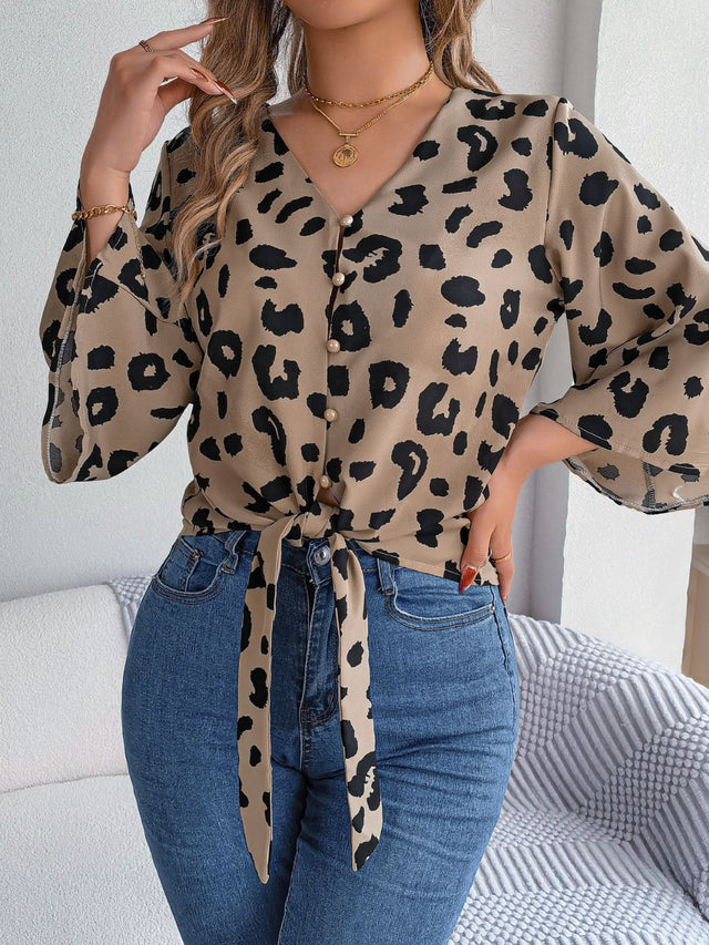Tied Button Up Leopard V-Neck Blouse.