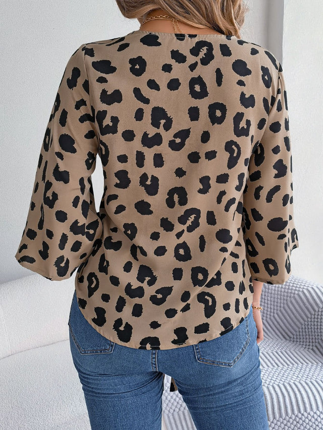 Tied Button Up Leopard V-Neck Blouse.