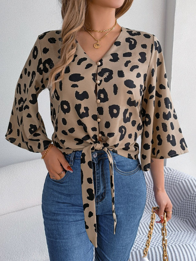 Tied Button Up Leopard V-Neck Blouse.