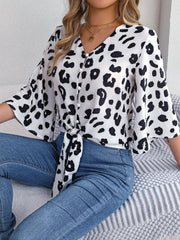 Tied Button Up Leopard V-Neck Blouse.
