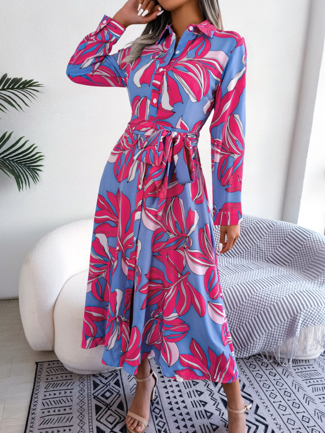 Tied Button Up Long Sleeve Dress.