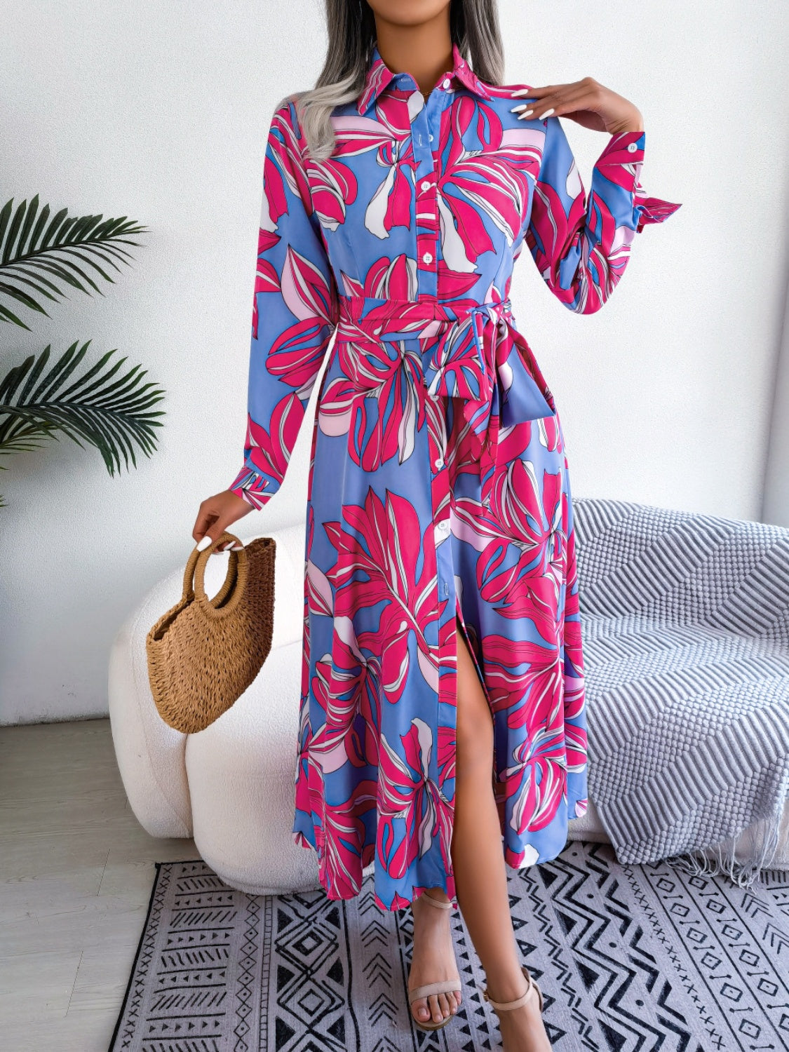 Tied Button Up Long Sleeve Dress.