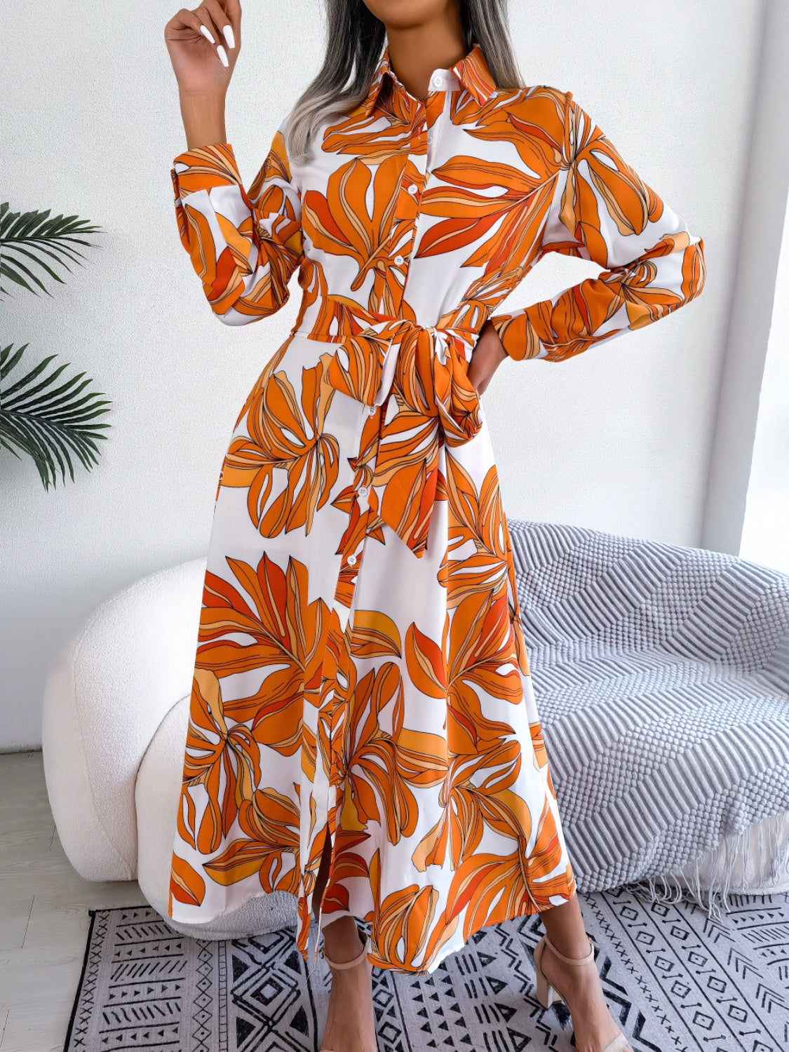 Tied Button Up Long Sleeve Dress.