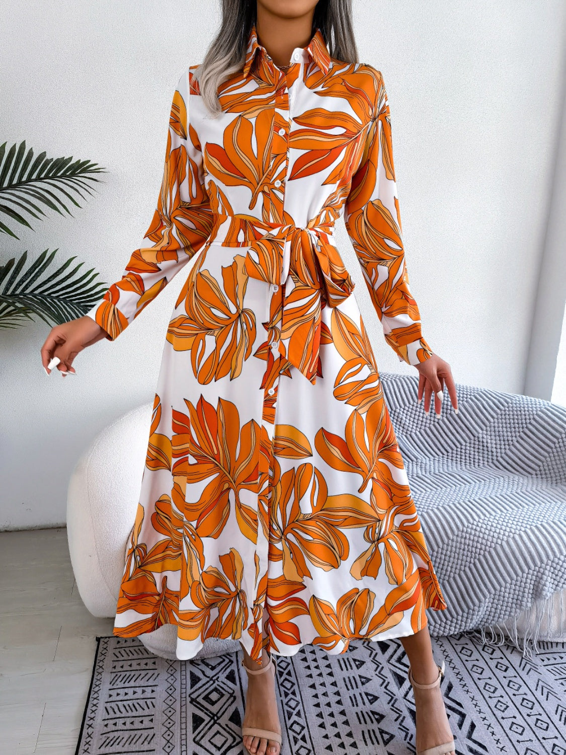 Tied Button Up Long Sleeve Dress.