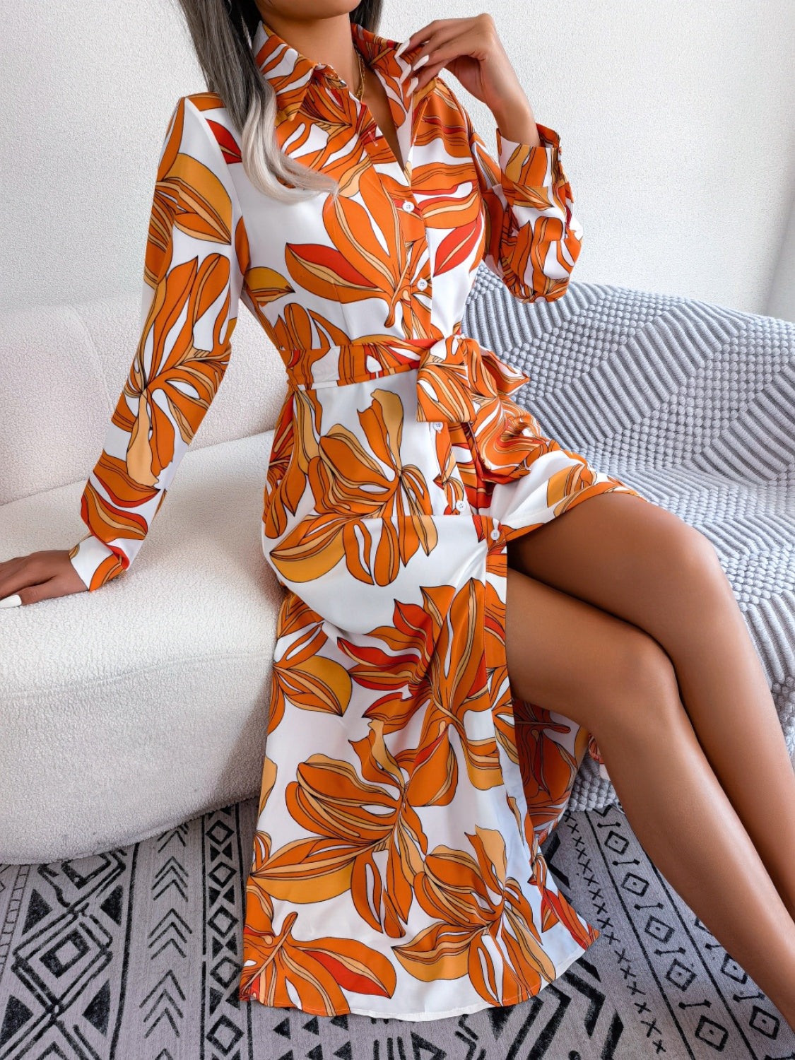 Tied Button Up Long Sleeve Dress.