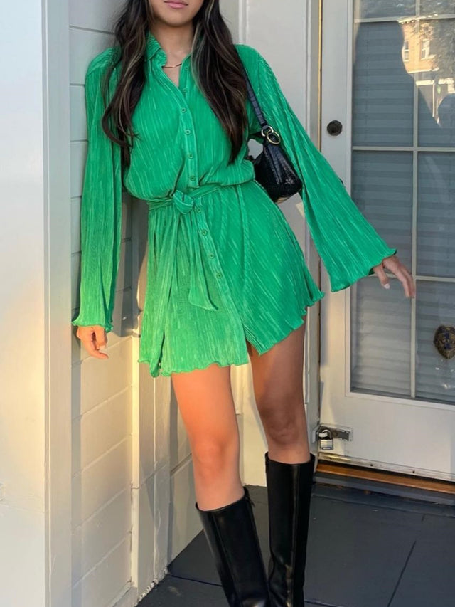Tied Button Up Long Sleeve Dress.