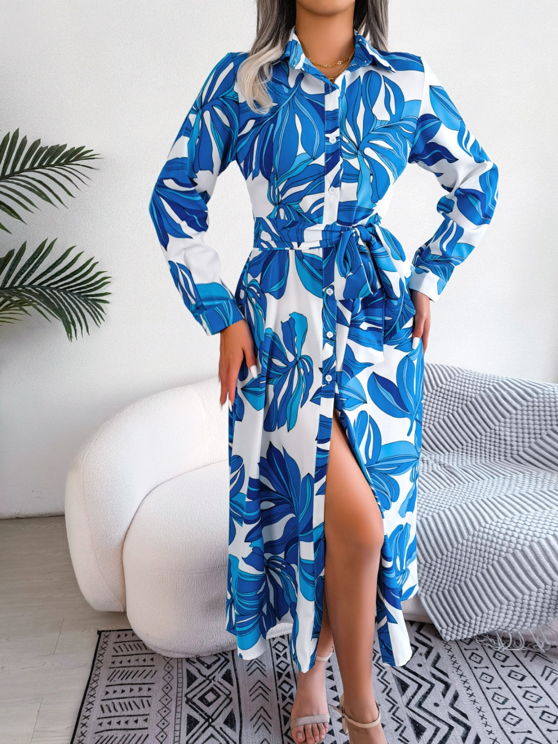 Tied Button Up Long Sleeve Dress.